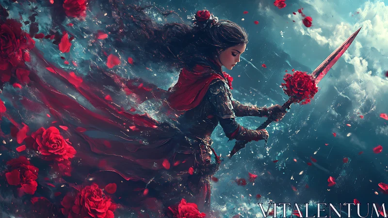 Warrior maiden wields bloodred sword amid storm of roses.