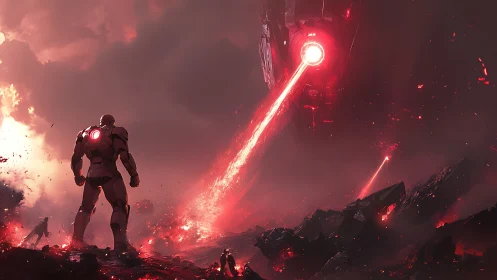 Armored lone warrior confronts colossal red war engine.