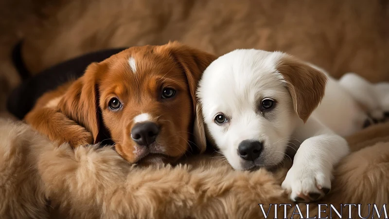 Two relaxed puppies lying close on a soft fur blanket.