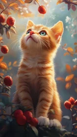 Orange Kitten Gazes Upward Among Glowing Apples.