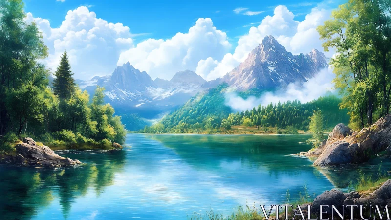 Digital painting landscape with alpine lake and cloud massing.