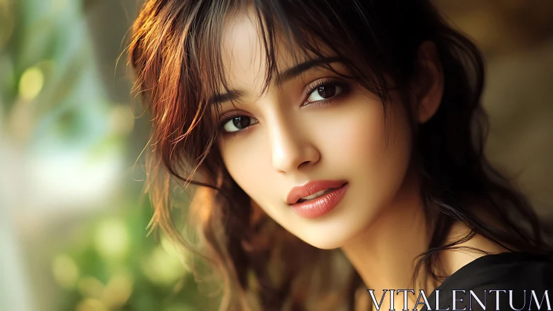 Portrait of young woman with soft light and blurred greenery.