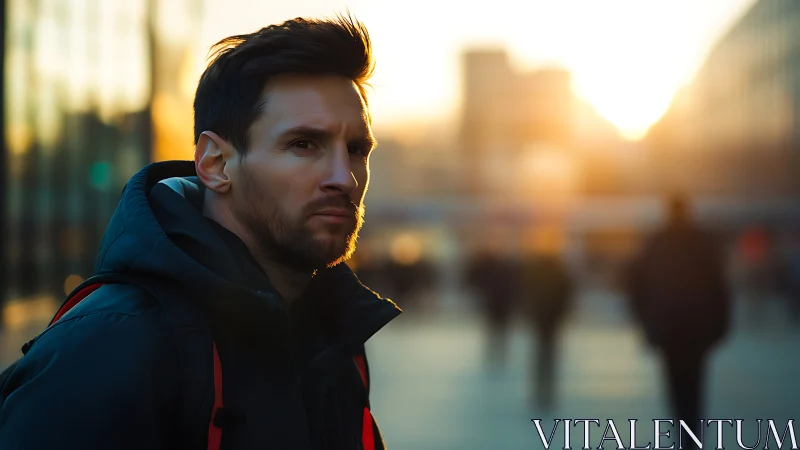 Backlit urban portrait of man in hooded jacket at sunset hour