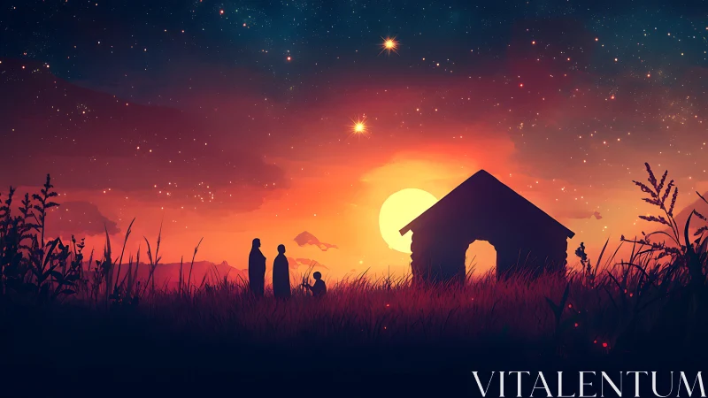 Gentle family stargazing beside a glowing sunset cottage.