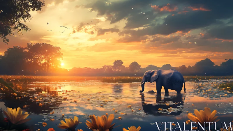 Elephant wades through reflective river under high-saturation sunset light
