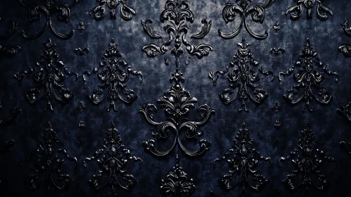 Ornate black baroque damask in dramatic side lighting.