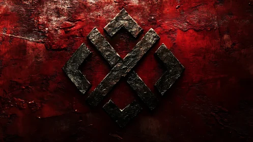 Bold black stone emblem resting on a deep red canvas.