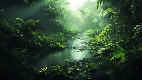 Emerald Jungle Stream Bathed in Light.