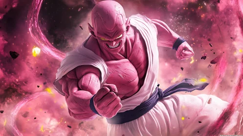 Muscular pink humanoid fighter in vortex of energized pink plasma