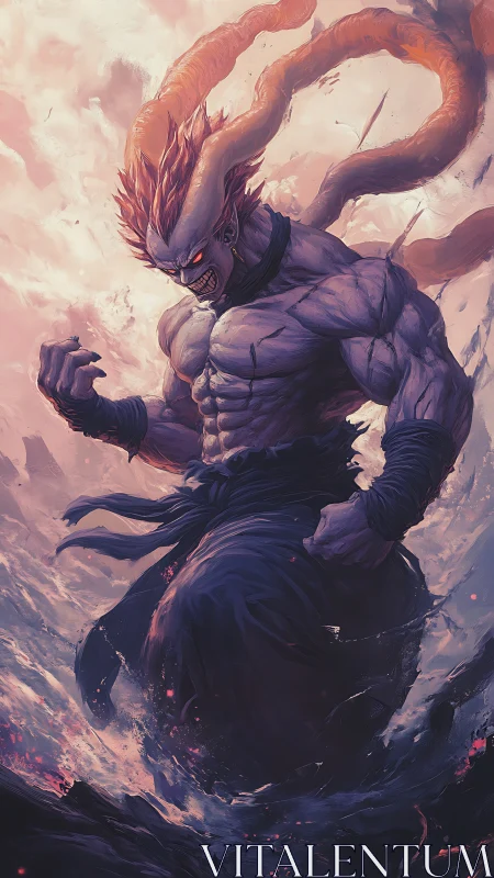 Demonic warrior emerging through turbulent energy vortex