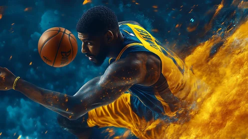 Dynamic basketball player in blazing blue and gold motion trail.