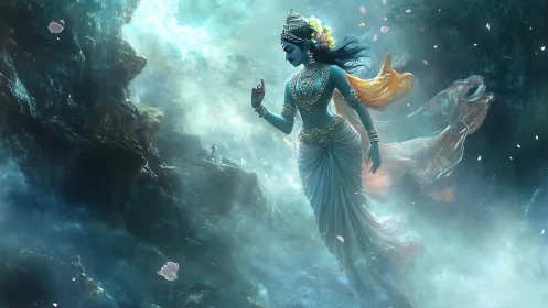 Graceful celestial goddess drifting through glowing mist.