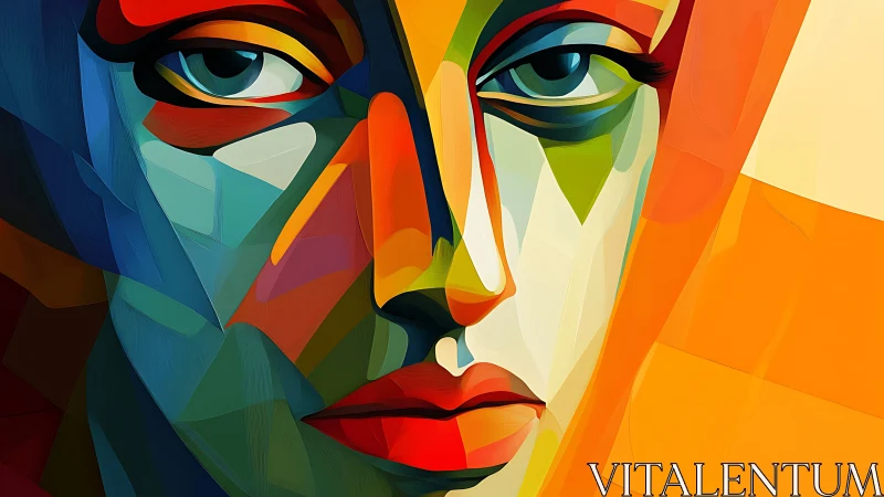 Colorful geometric portrait gazes back with quiet intensity