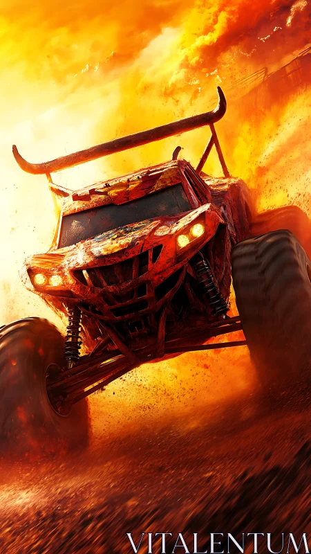 Blazing off road monster truck charges through molten dust