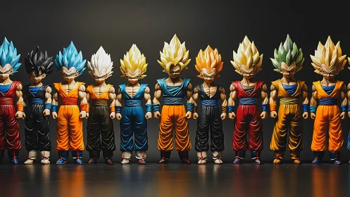 Anime character figurine lineup with symmetric studio lighting.