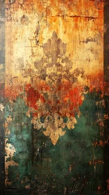 Weathered damask motif on textured rustic wall surface