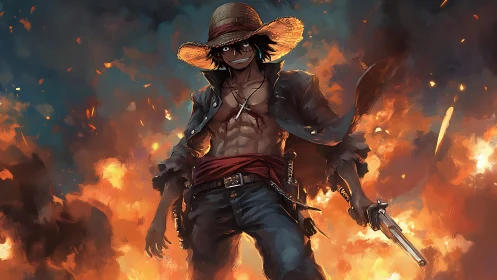 Straw‑hatted rogue amid blazing inferno with dynamic lighting.
