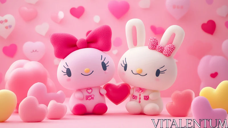 Two stylized bunny figures hold a heart amid pink props