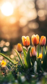 Golden Tulips Bloom Against Sunrise Bokeh