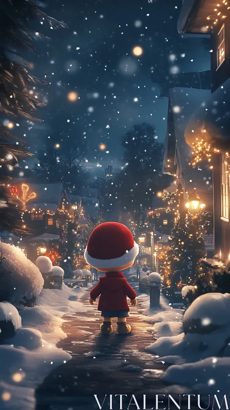 Child in red coat wanders through snowy Christmas village at night.