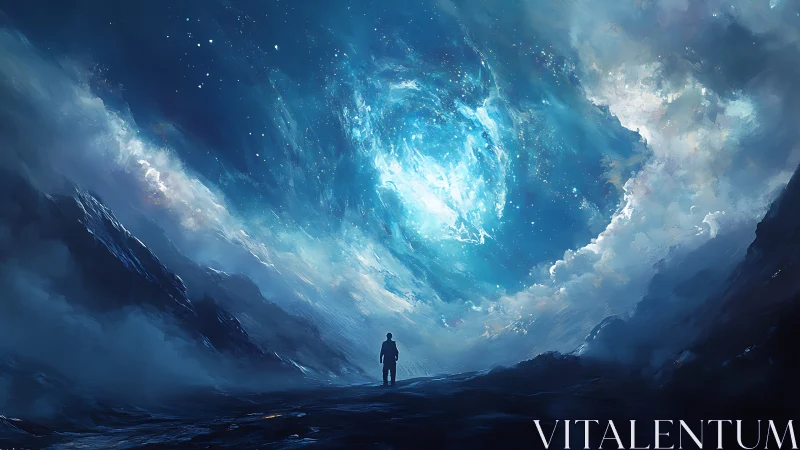 Solitary explorer beneath swirling cosmic vortex sky.