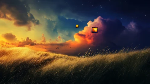 Illuminated window icons hover over dusk grassland clouds