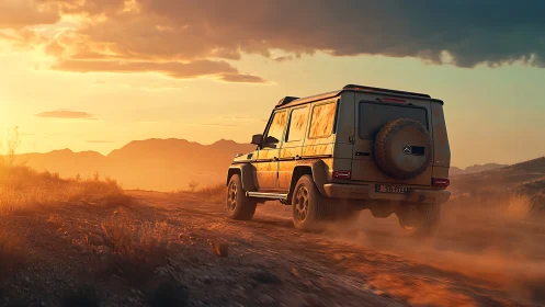Dust-covered SUV traverses unpaved track at low sunset light