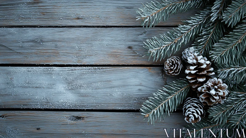 Snow-dusted pine branches rest on rustic winter wood