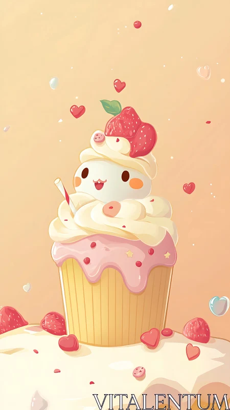 Cheerful strawberry cupcake friend in a dreamy pastel sky.