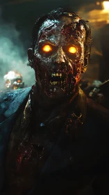 Corporate husk with molten eyes stalks the neon gloom.