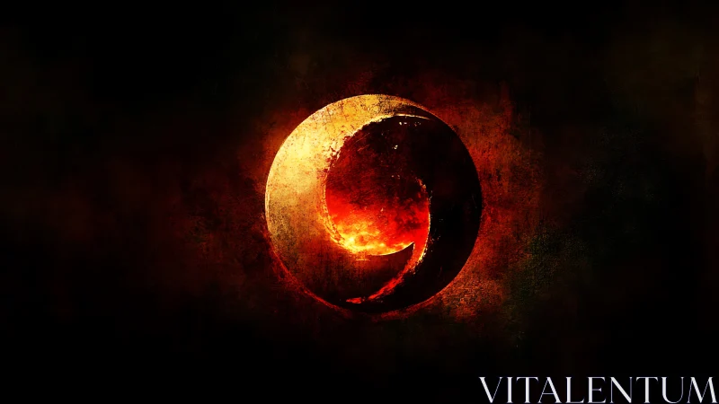 Burning circular emblem curves through dark textured void