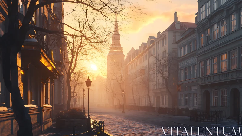 Low sunlit winter boulevard with historic facades and tower