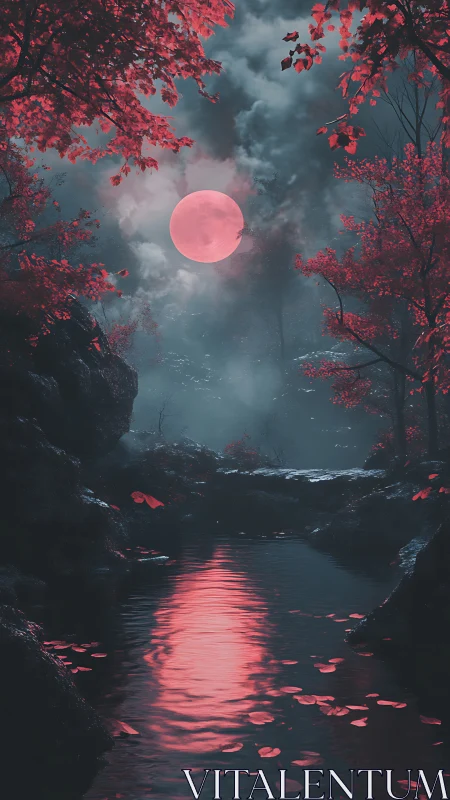 Crimson moonlit ravine reflects saturated red spectral glow