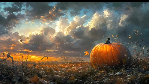 Sunlit autumn pumpkin dominates a windswept rural field