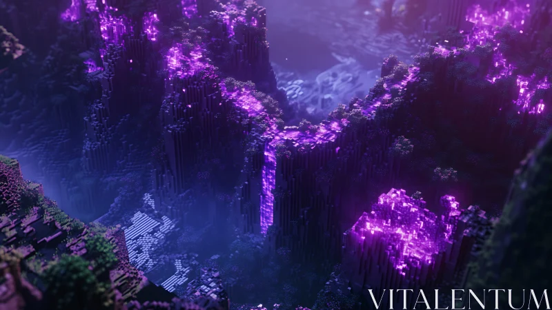 Voxel canyon landscape with luminous purple formations.