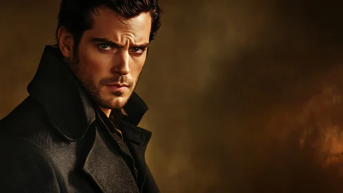 Smoldering gentleman in a dark coat holds a steady gaze