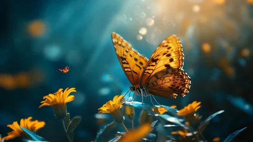 Golden butterfly on flowers in glowing blue garden scene.