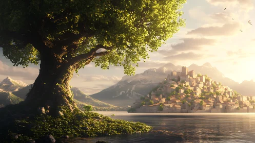 Golden Hour Landscape: Architectural Settlement and Ancient Tree Composition.