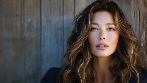 Soft front-lit portrait with shallow depth and textured wood backdrop