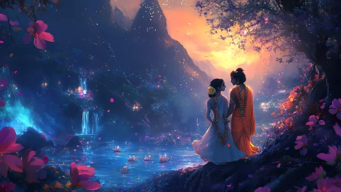 Divine couple gaze over glowing river beneath twilight sky.