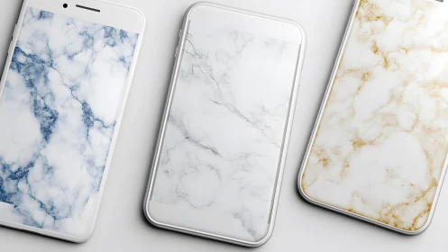 Modern smartphones with marble textured cases in minimalist style.
