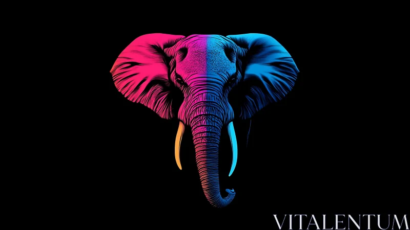 Neon elephant portrait glows in split magenta cyan light.