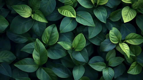 Dense overhead view of layered green foliage leaves pattern.