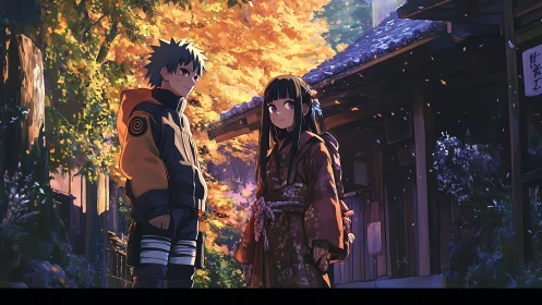 Autumn lane encounter with pensive anime teens in warm glow.