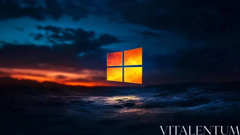 Glowing window emblem rises over dark digital seascape.
