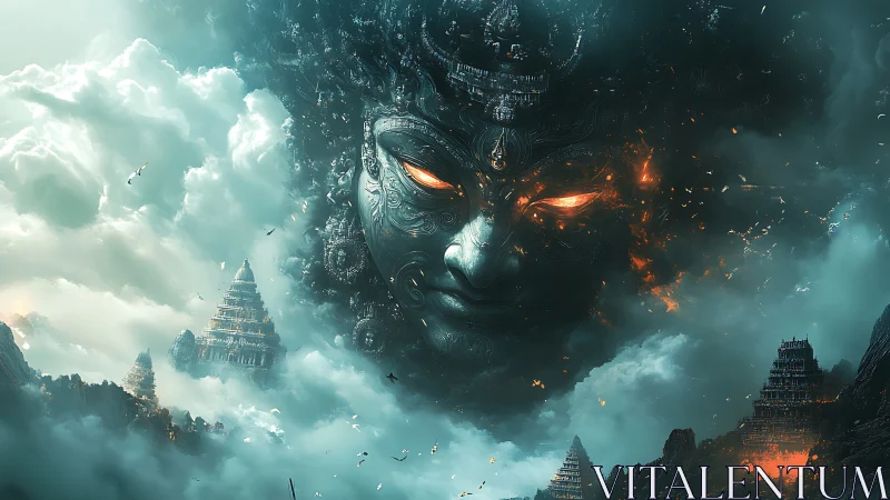 Ancient fiery deity emerges over storm-wreathed temples