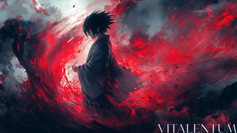 Solitary anime figure amid turbulent crimson energy vortex