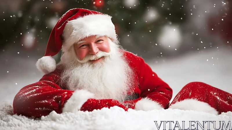 Smiling Santa Claus lying in fresh snow outdoors.