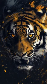 High-contrast tiger portrait with dynamic amber paint splashes
