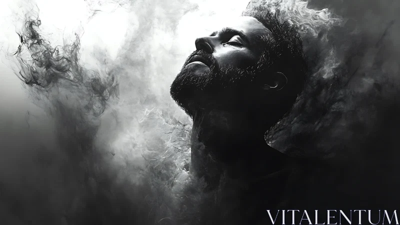 Male portrait dissolving into volumetric smoke with high contrast lighting
